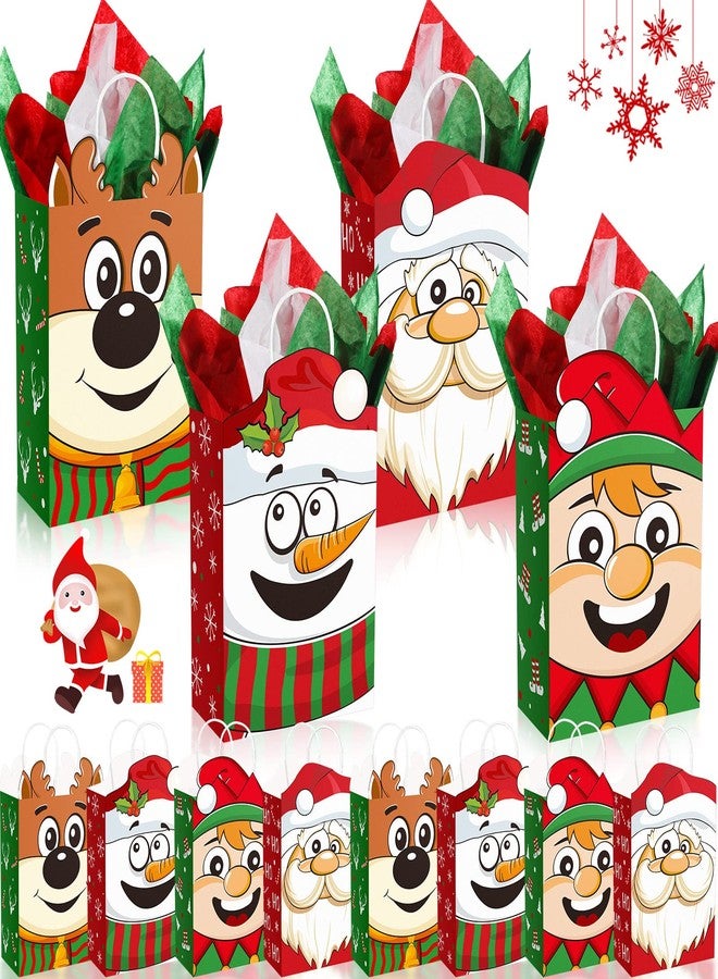 Funrous 16 Pieces Christmas Gift Bags with Tissue Papers Large Xmas Santa Claus Elf Kraft Goody Paper Bags with Handles Christmas Snowman Reindeer Gift Treat Set for Xmas Holiday Party Supplies - Image 1